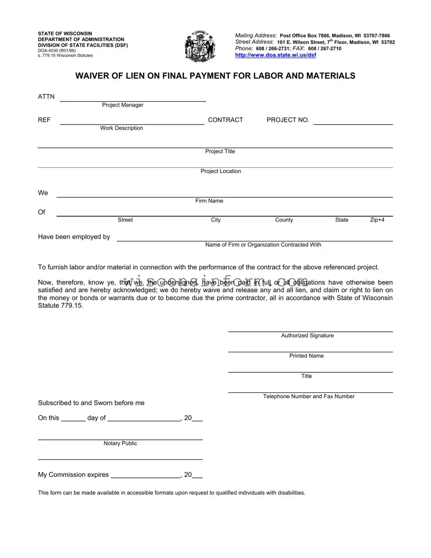 Free Lien Waiver Wisconsin Form in PDF