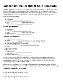 Printable  Trailer Bill of Sale Form for Wisconsin