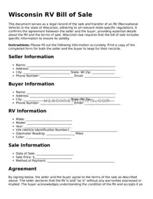 Printable  RV Bill of Sale Form for Wisconsin