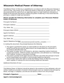 Printable  Medical Power of Attorney Form for Wisconsin