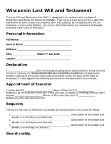 Printable  Last Will and Testament Form for Wisconsin