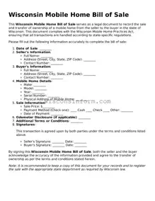 Printable  Mobile Home Bill of Sale Form for Wisconsin