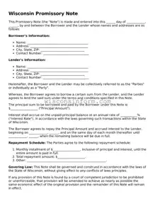 Printable  Promissory Note Form for Wisconsin
