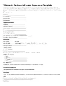 Printable  Residential Lease Agreement Form for Wisconsin