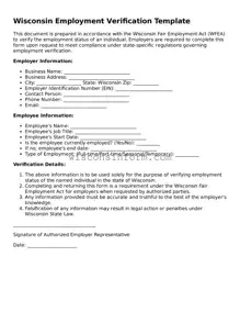 Printable  Employment Verification Form for Wisconsin