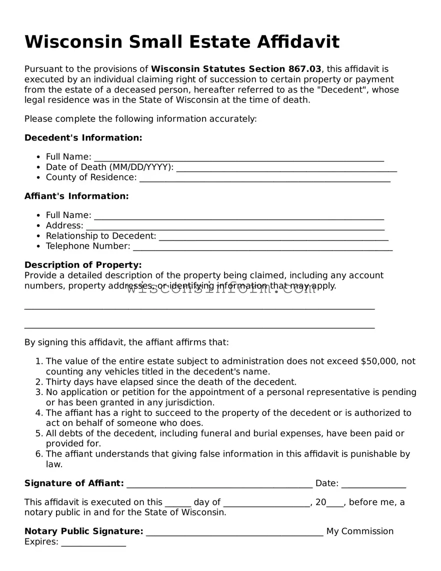 Printable  Small Estate Affidavit Form for Wisconsin