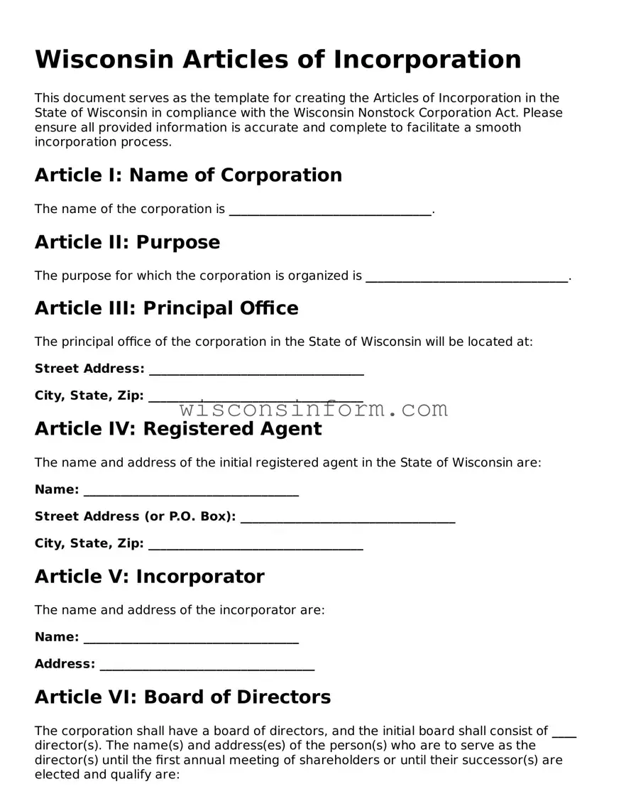 Printable  Articles of Incorporation Form for Wisconsin