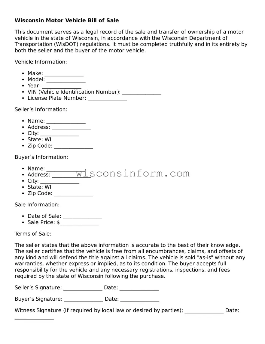 Printable  Motor Vehicle Bill of Sale Form for Wisconsin