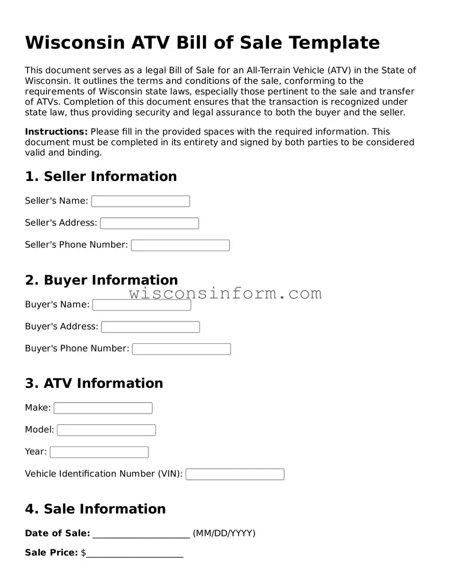 Printable  ATV Bill of Sale Form for Wisconsin