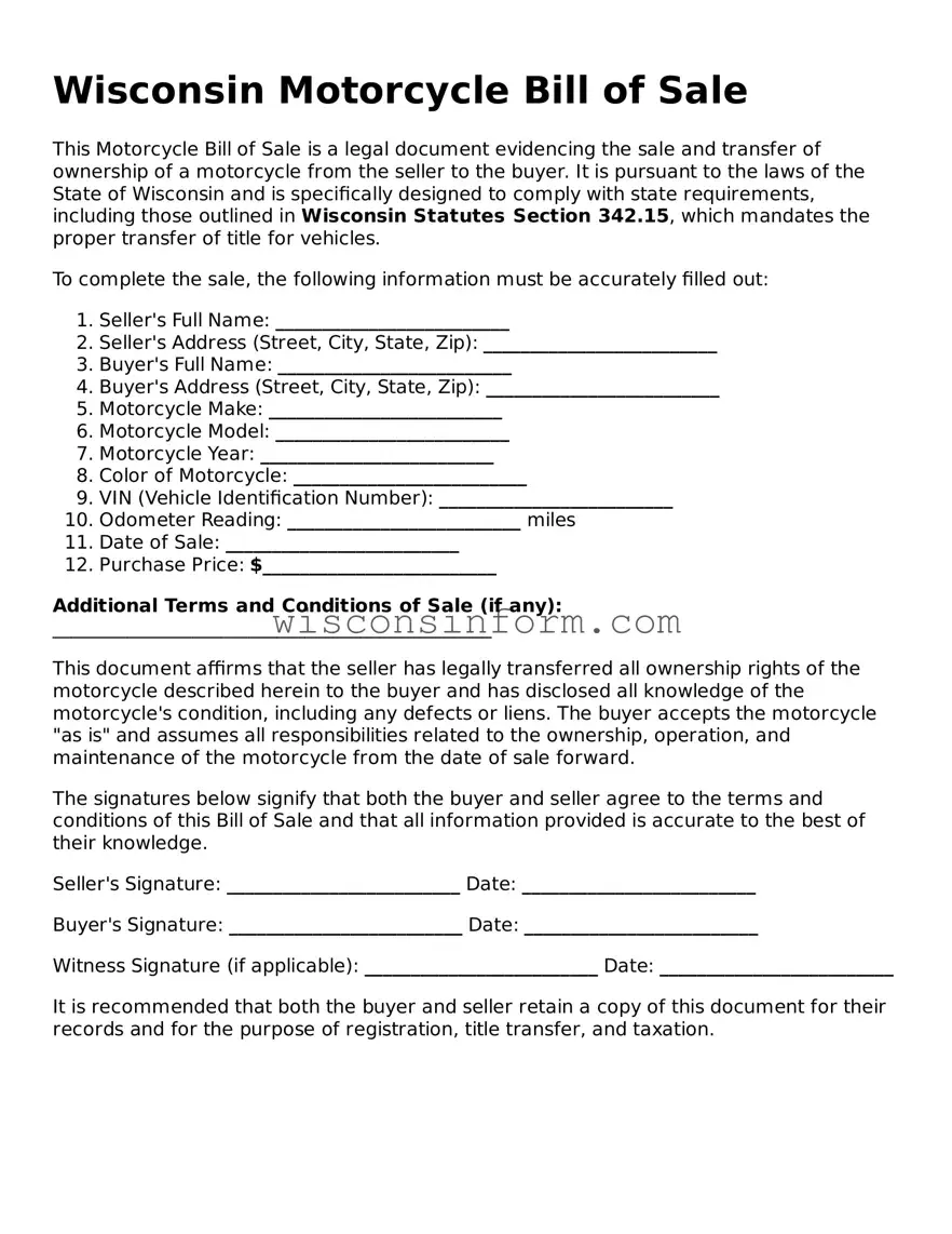 Printable  Motorcycle Bill of Sale Form for Wisconsin