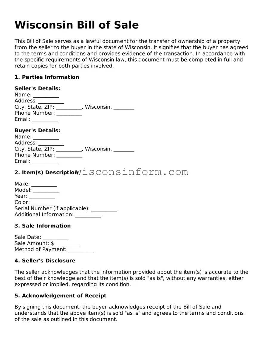 Printable  Bill of Sale Form for Wisconsin
