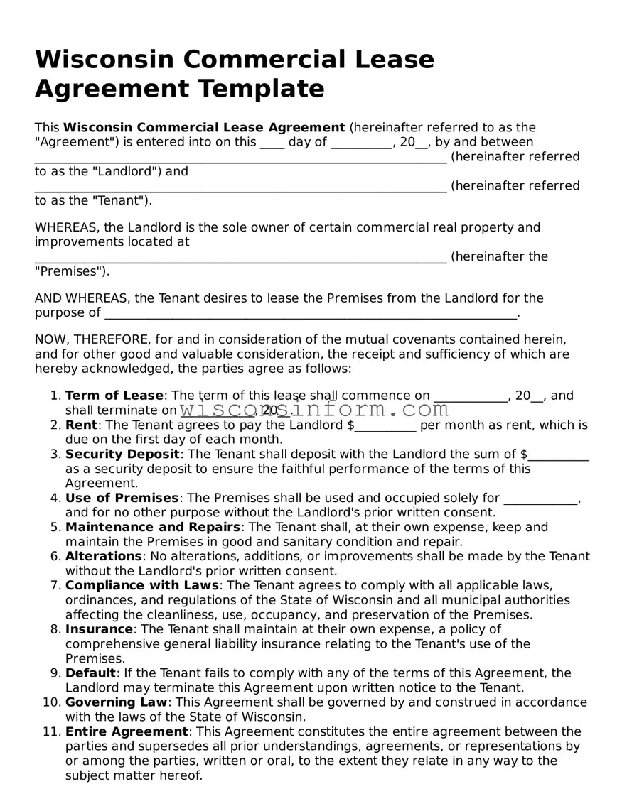 Printable  Commercial Lease Agreement Form for Wisconsin