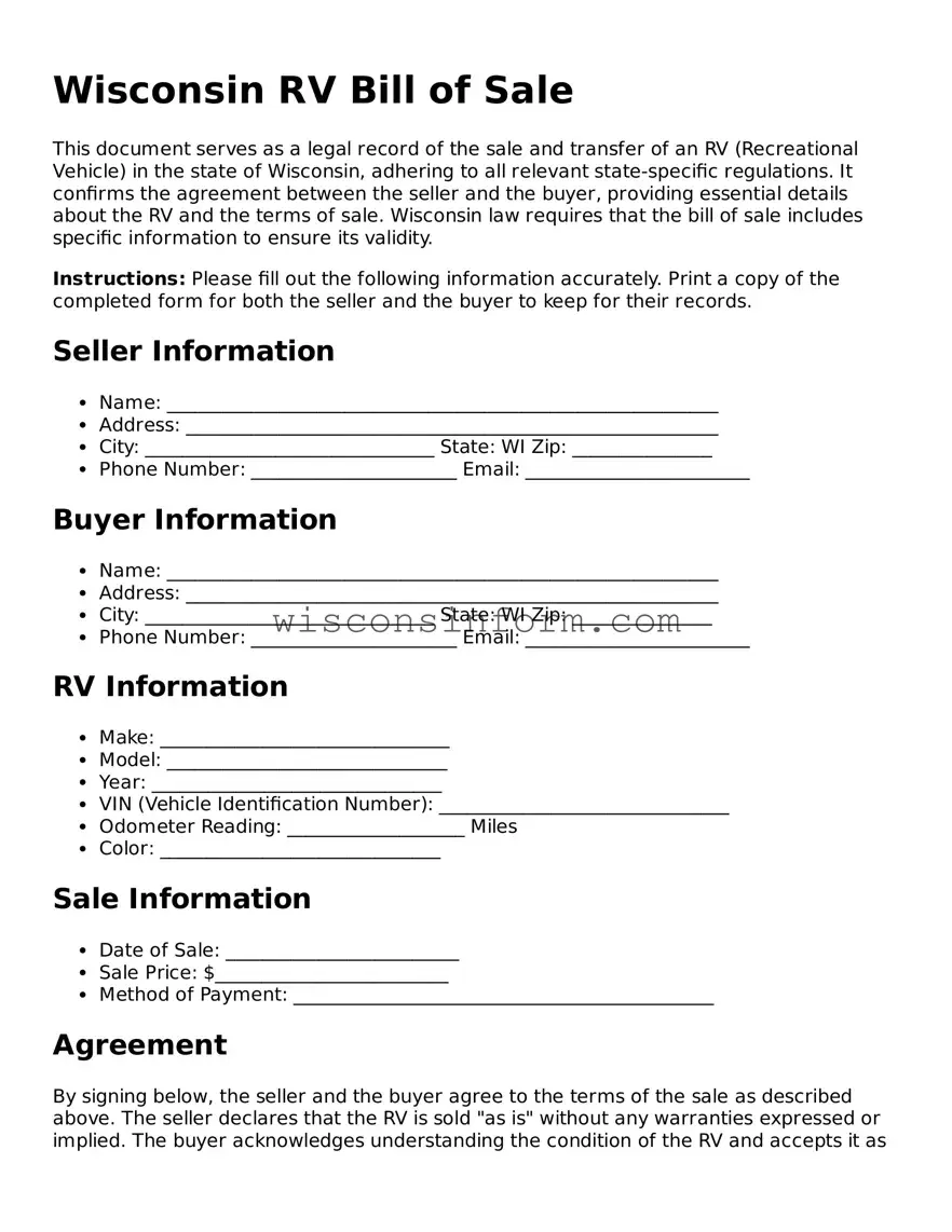 Printable  RV Bill of Sale Form for Wisconsin