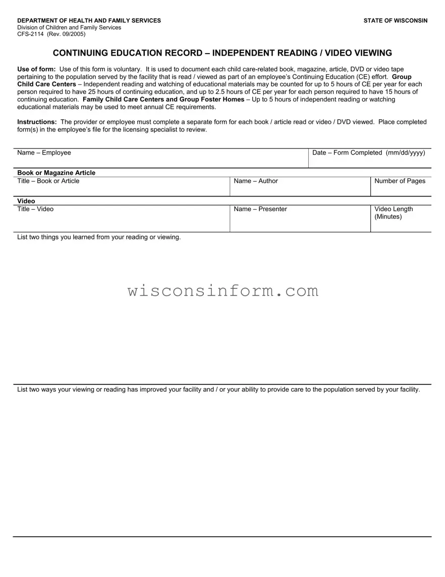 Free Wisconsin Cfs 2114 Form in PDF