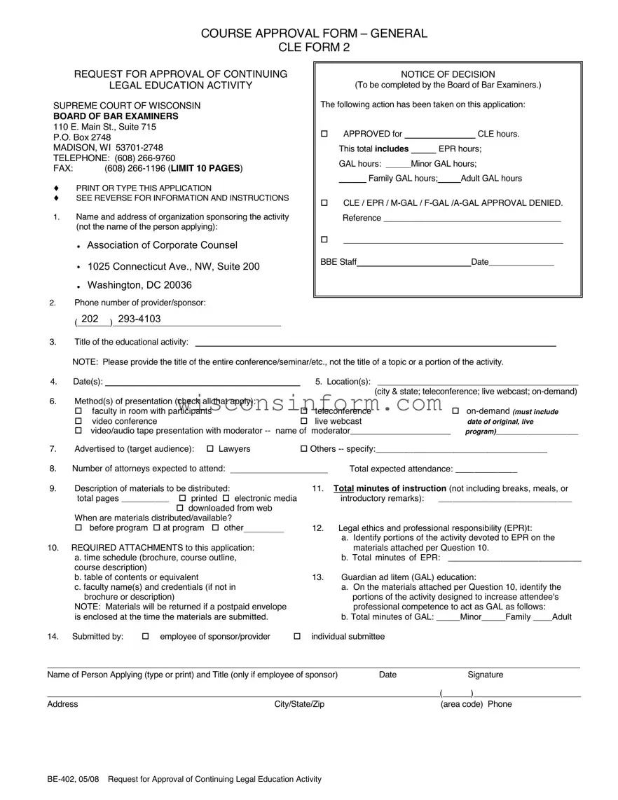 Free Wisconsin Cle 2 Form in PDF
