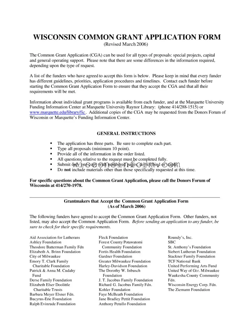 Free Wisconsin Common Grant Application Form in PDF