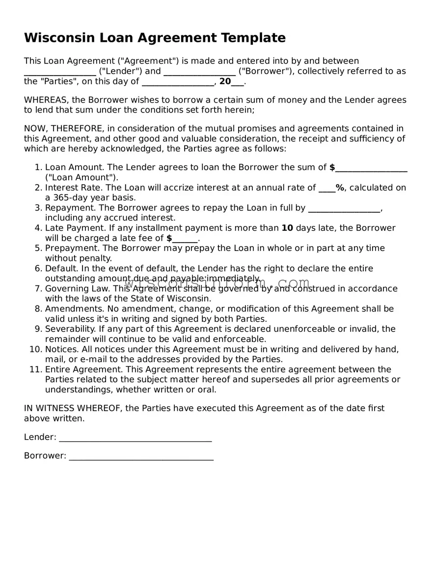 Printable  Loan Agreement Form for Wisconsin