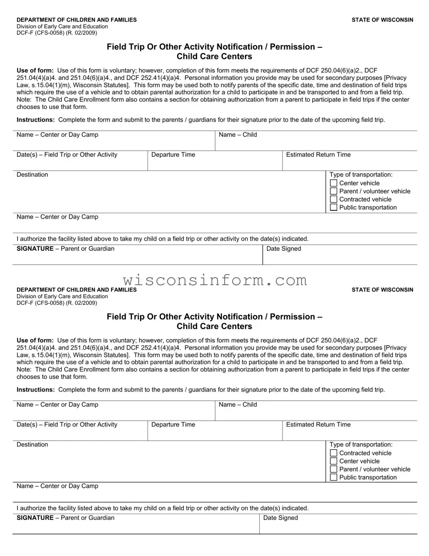 Free Wisconsin Dcf F Form in PDF