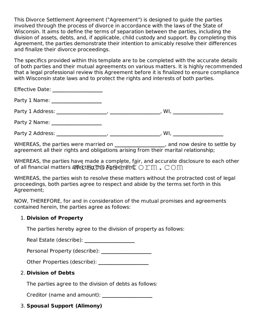 Printable  Divorce Settlement Agreement Form for Wisconsin