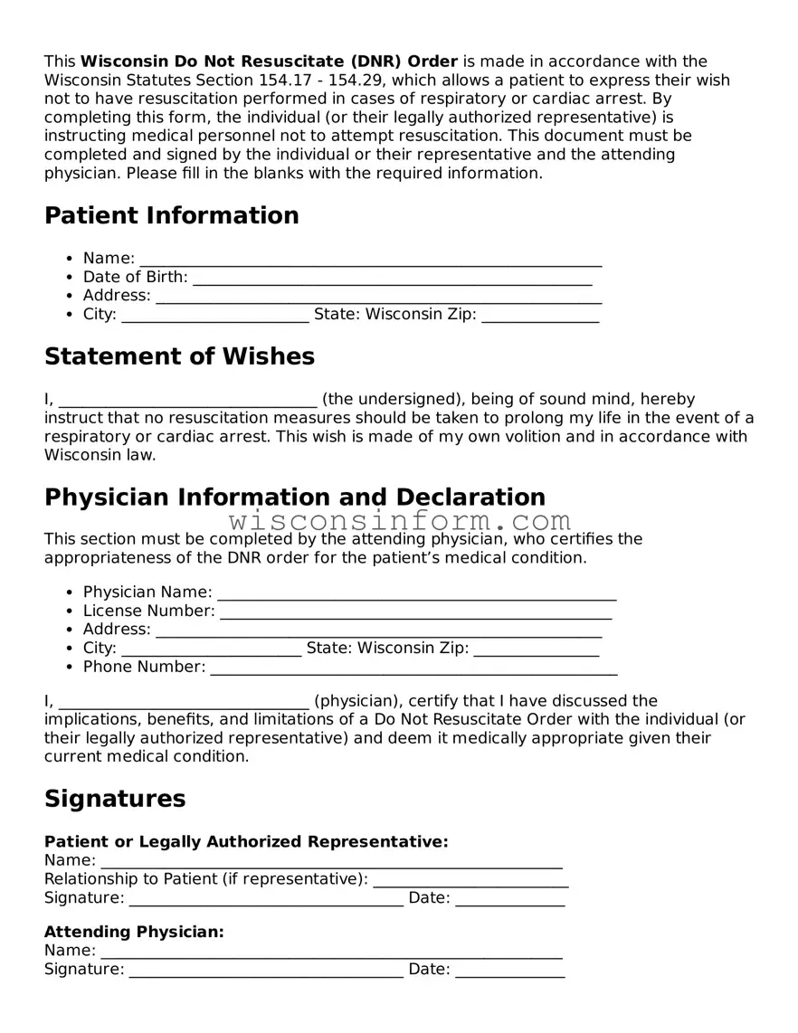 Printable  Do Not Resuscitate Order Form for Wisconsin