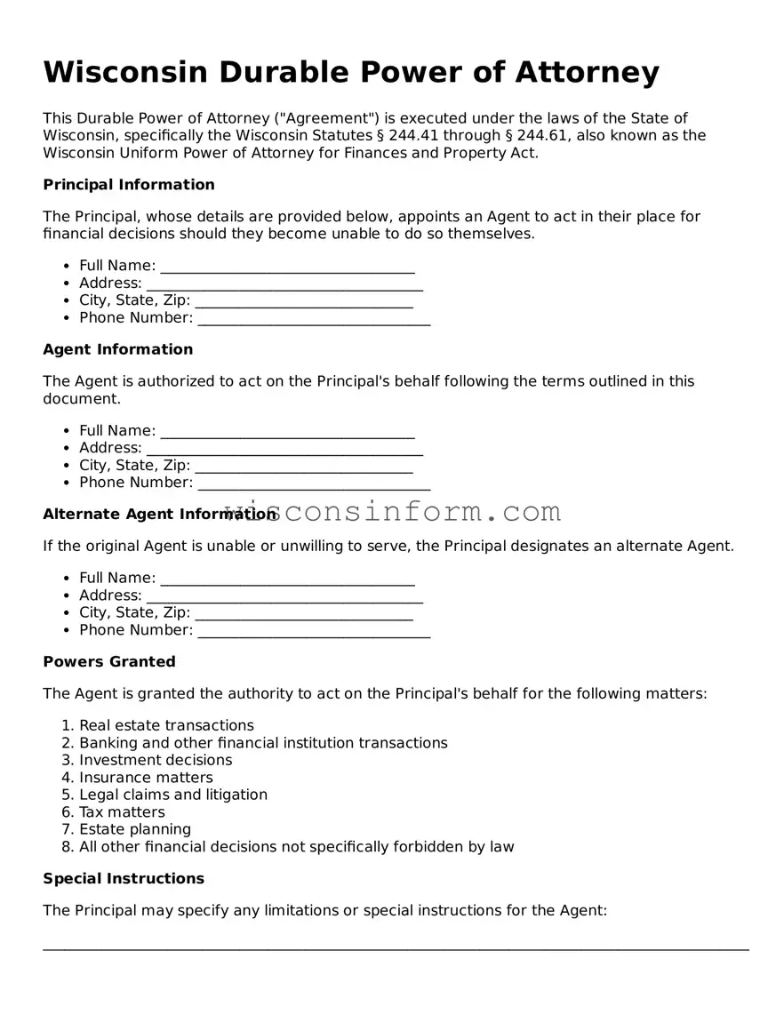 Printable  Durable Power of Attorney Form for Wisconsin