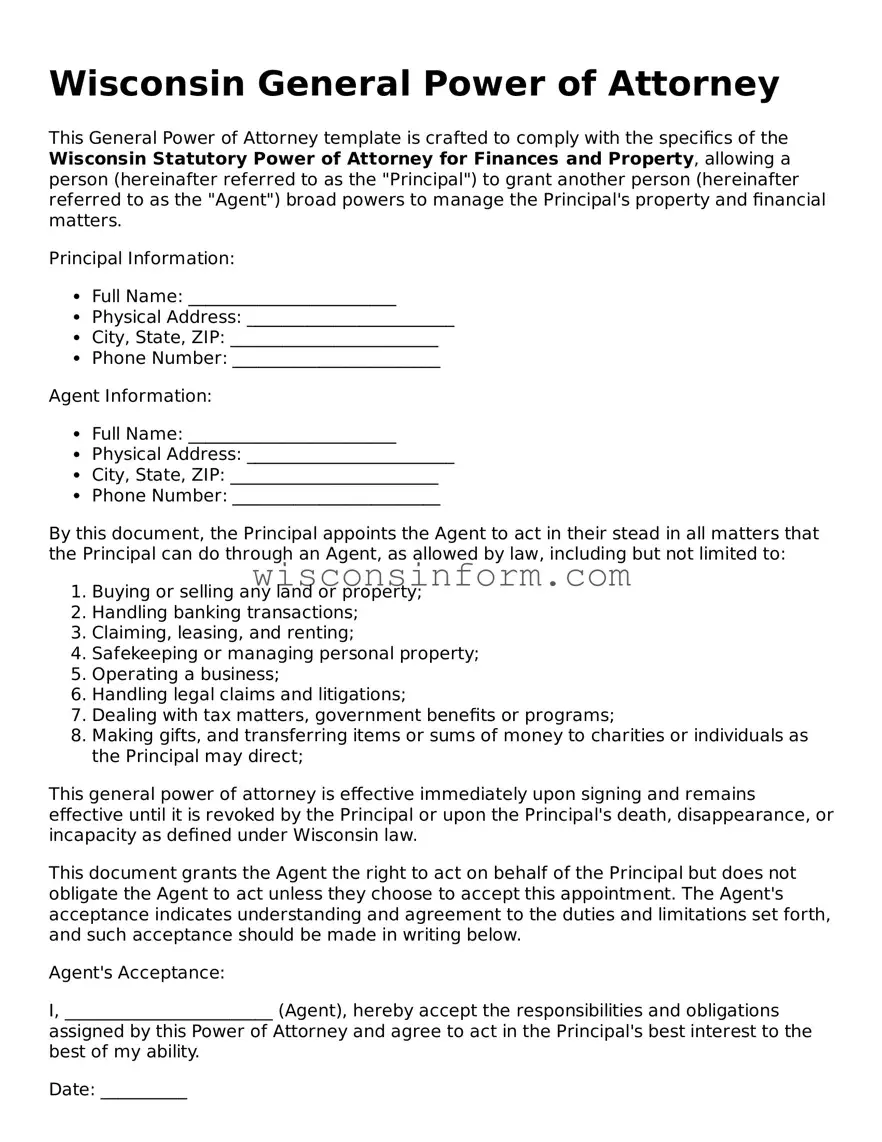 Printable  General Power of Attorney Form for Wisconsin