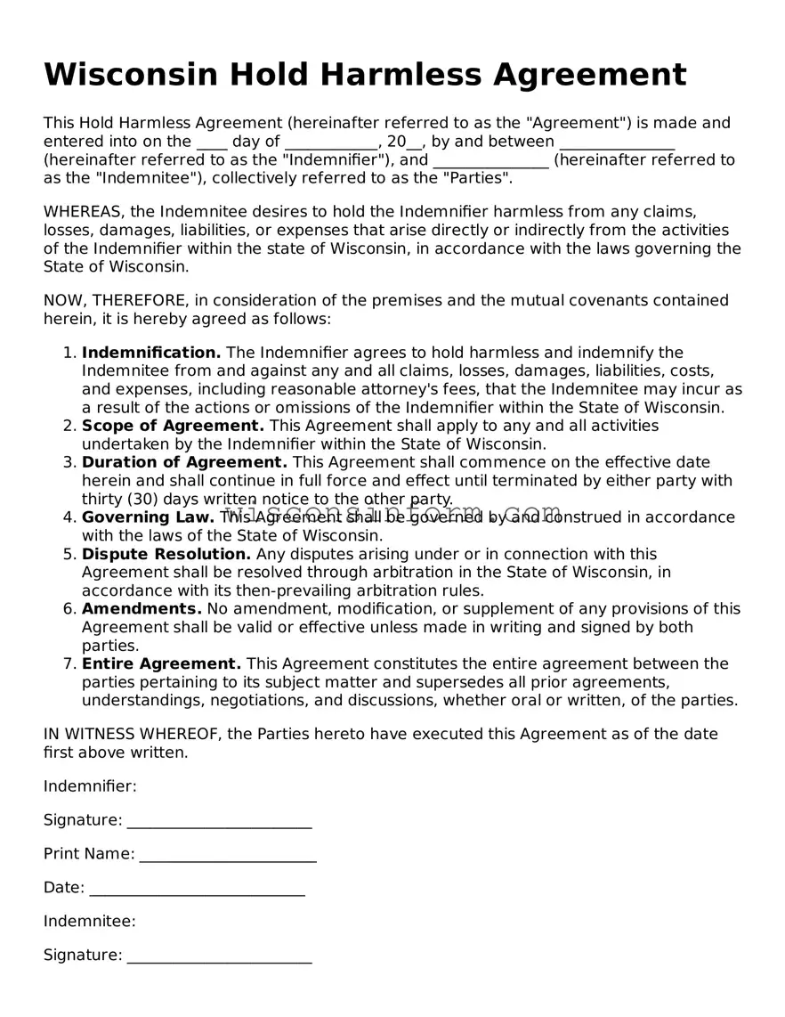 Printable  Hold Harmless Agreement Form for Wisconsin
