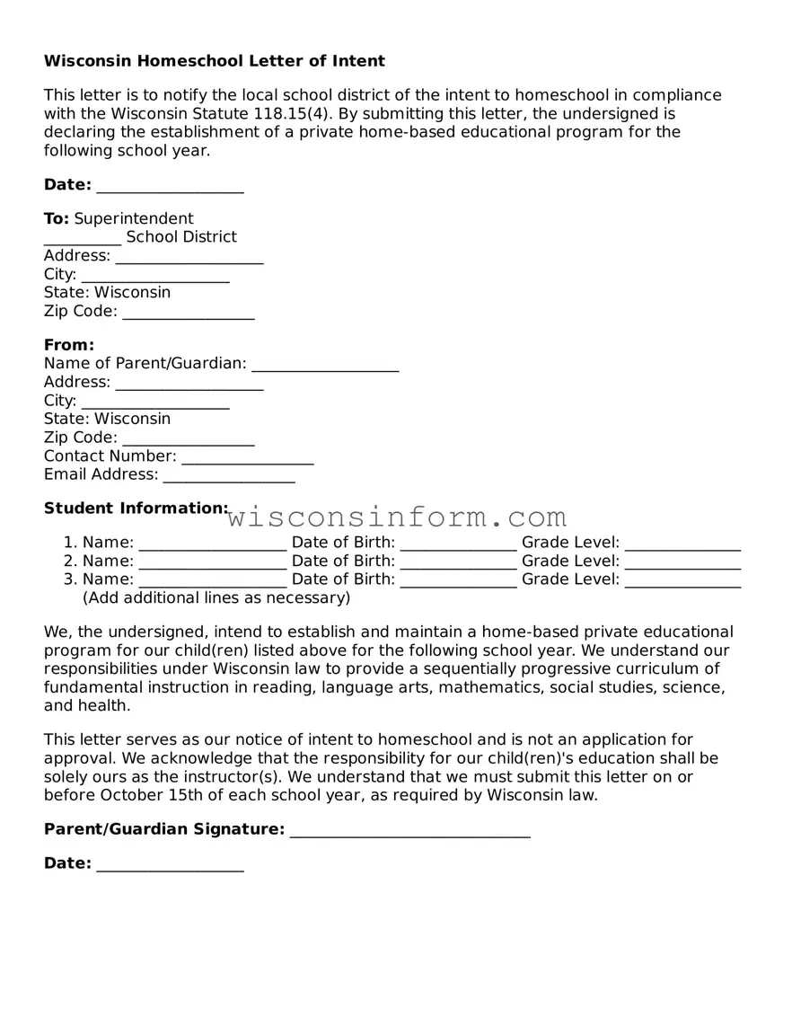 Printable  Homeschool Letter of Intent Form for Wisconsin