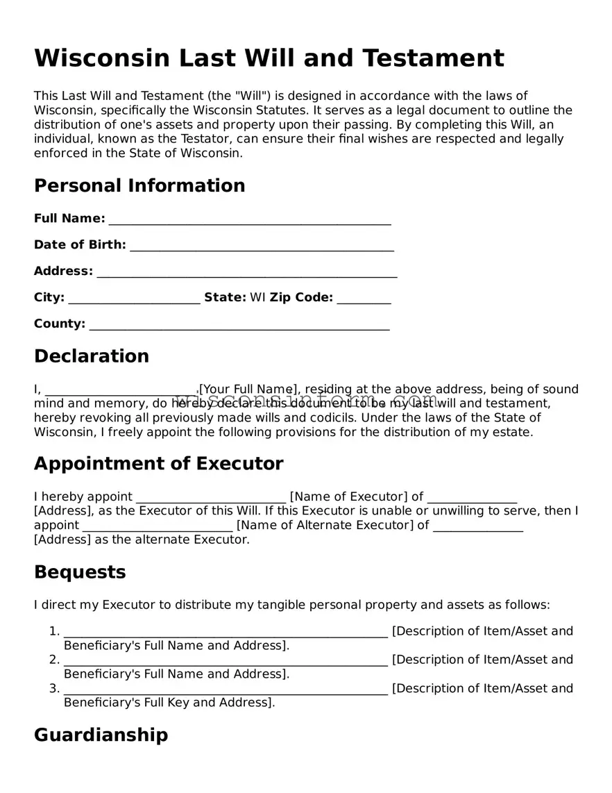 Printable  Last Will and Testament Form for Wisconsin