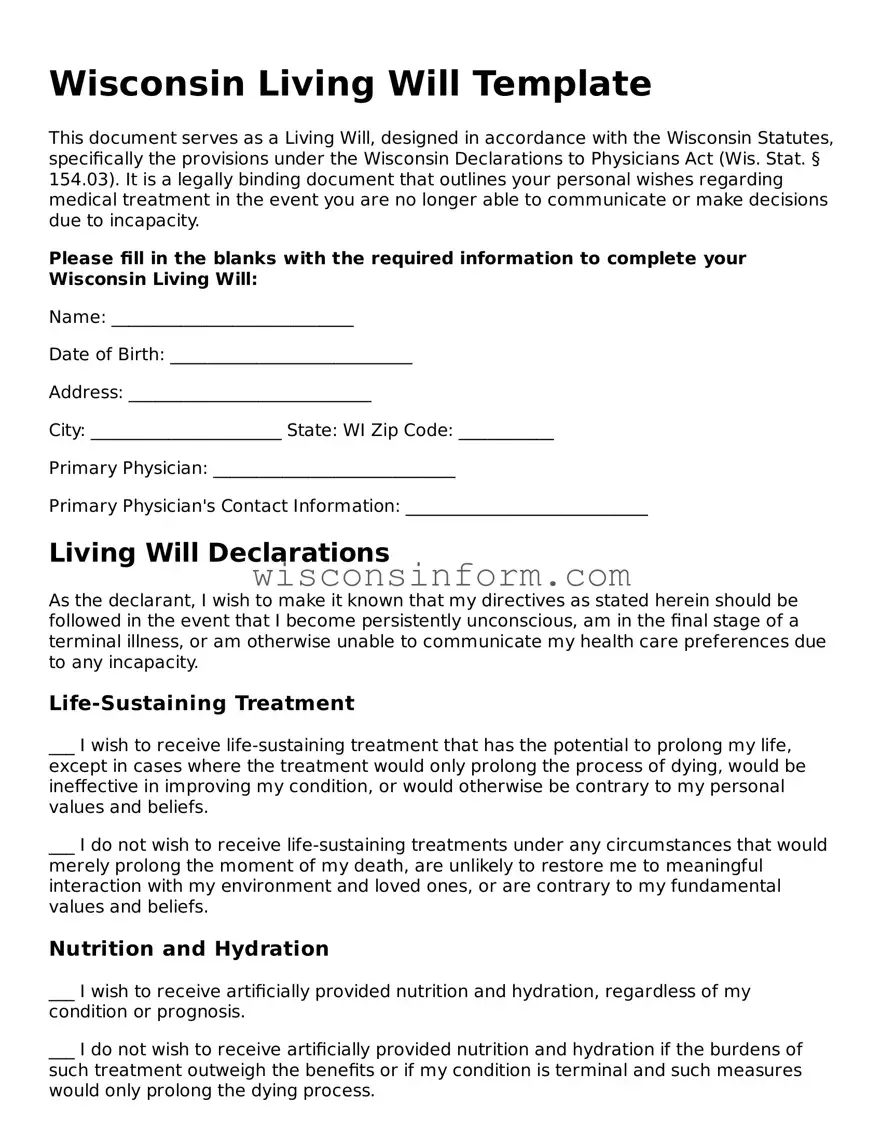 Printable  Living Will Form for Wisconsin