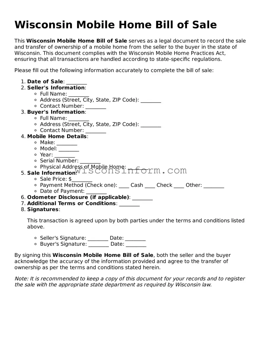 Printable  Mobile Home Bill of Sale Form for Wisconsin