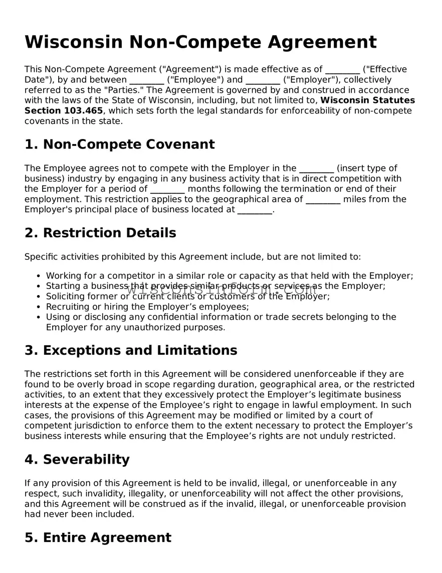 Printable  Non-compete Agreement Form for Wisconsin