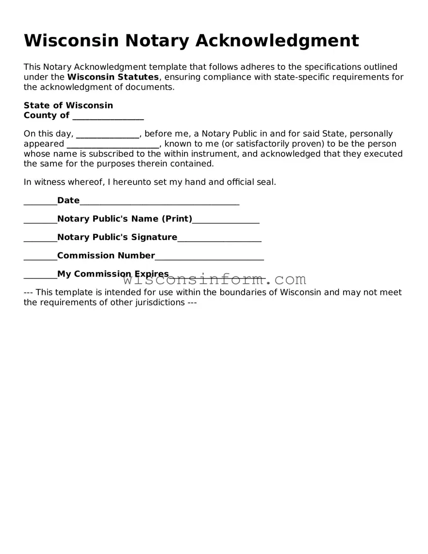 Printable  Notary Acknowledgement Form for Wisconsin