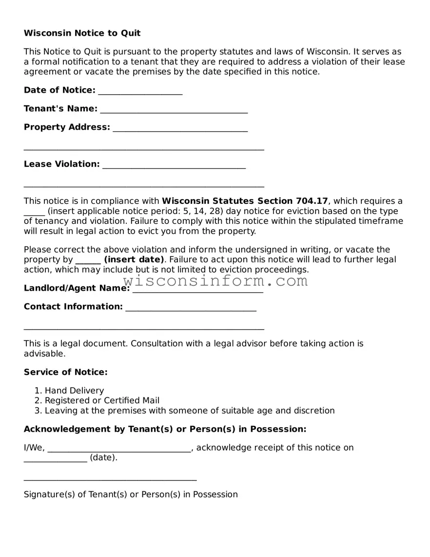 Printable  Notice to Quit Form for Wisconsin