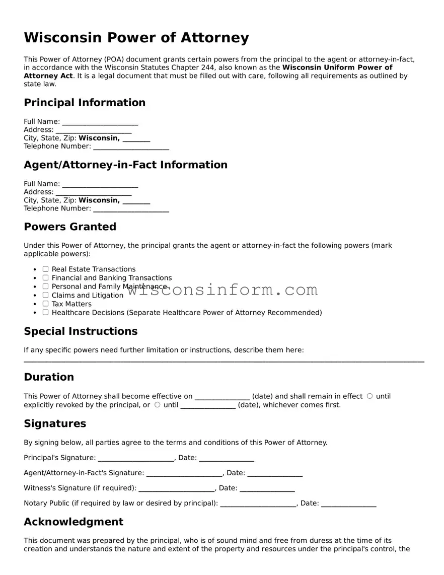 Printable  Power of Attorney Form for Wisconsin