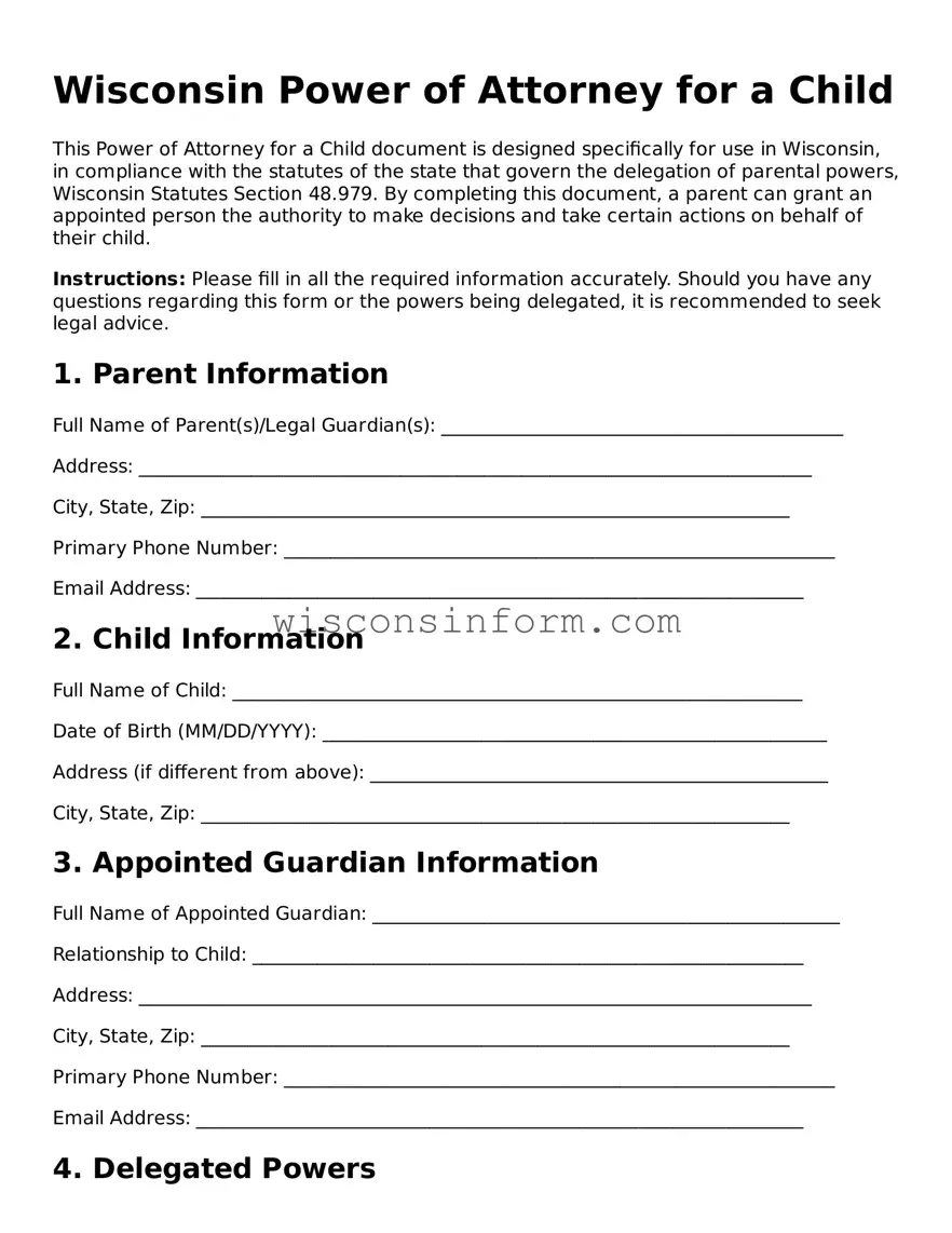 Printable  Power of Attorney for a Child Form for Wisconsin