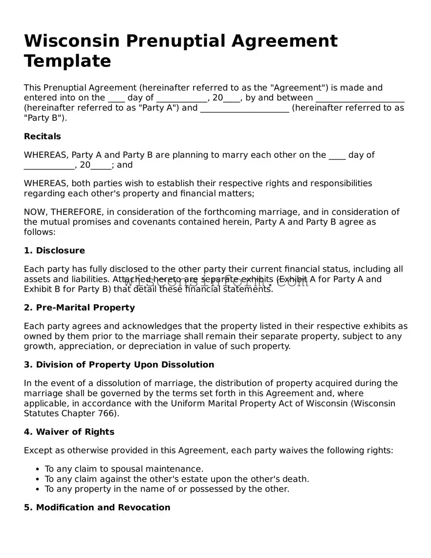 Printable  Prenuptial Agreement Form for Wisconsin
