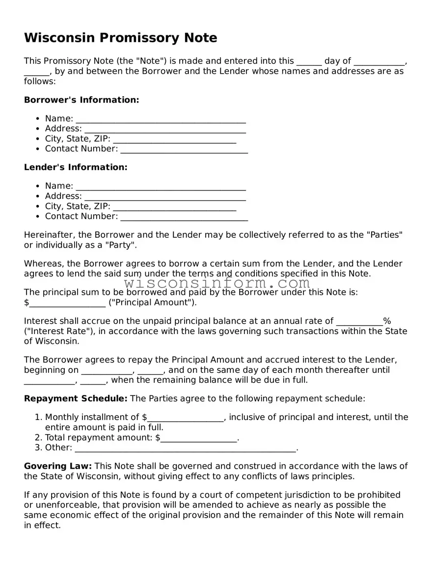 Printable  Promissory Note Form for Wisconsin