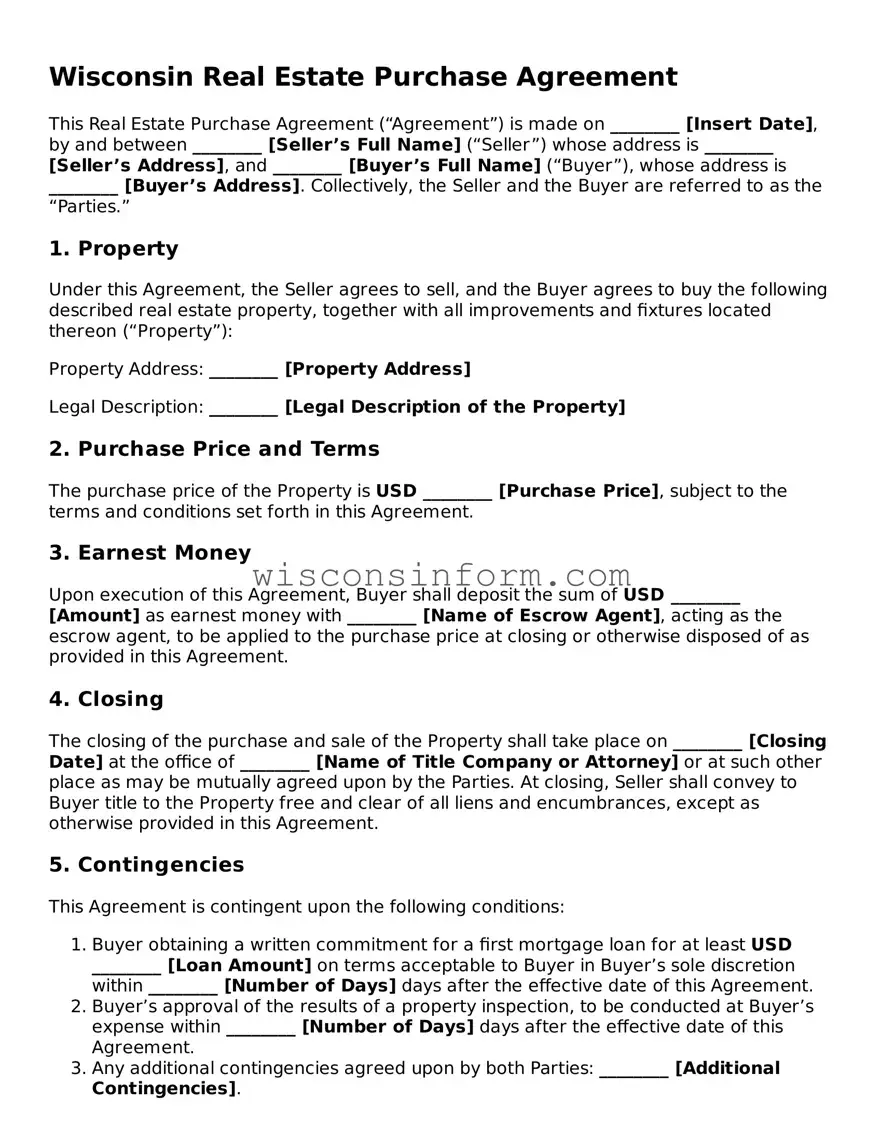 Printable  Real Estate Purchase Agreement Form for Wisconsin