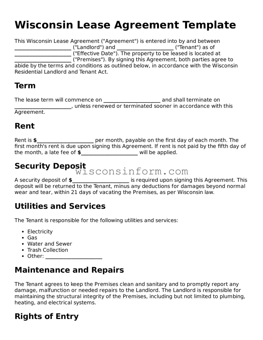 Printable  Lease Agreement Form for Wisconsin
