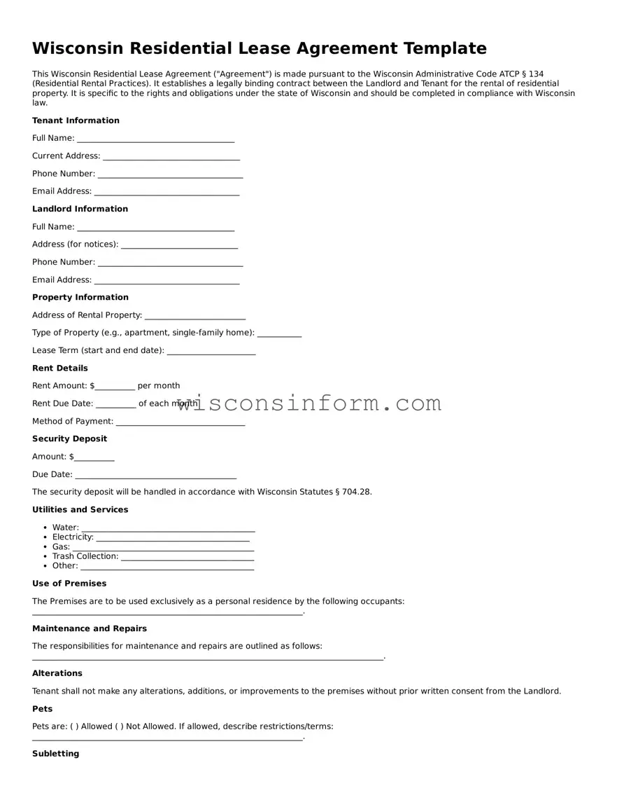 Printable  Residential Lease Agreement Form for Wisconsin