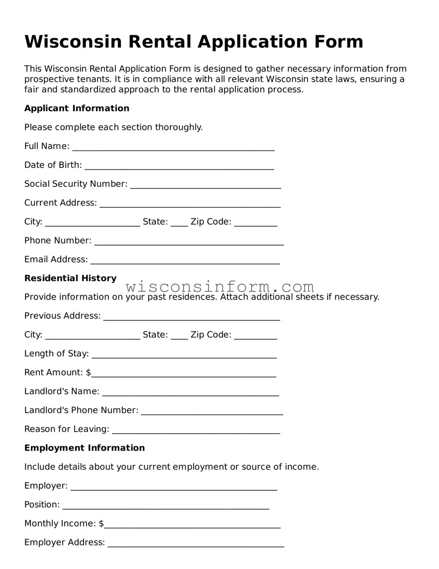 Printable  Rental Application Form for Wisconsin