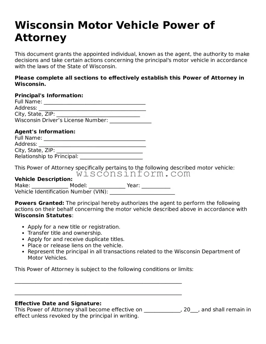 Printable  Motor Vehicle Power of Attorney Form for Wisconsin